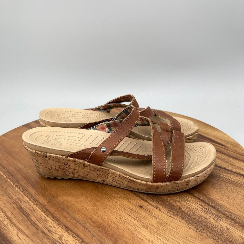 Crocs A-Leigh Sandals Womens Size 9 Brown Leather Wedge Strappy Casual